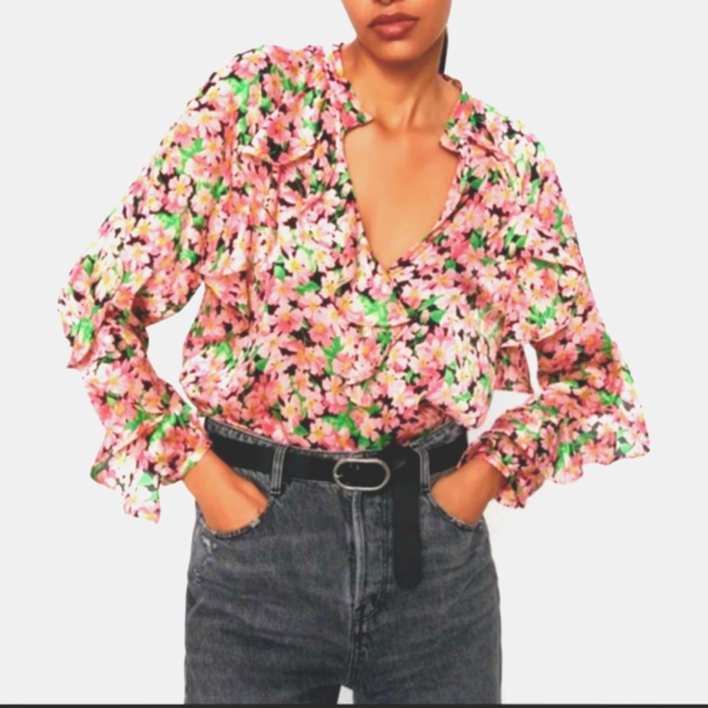 ZARA Floral Ruffle Blouse